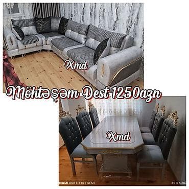 Divan və masa dəstləri: Möhtəşəm dəst – 1250 AZN Komplektin tərkibi: - Künc divanı: Yumşaq — 1