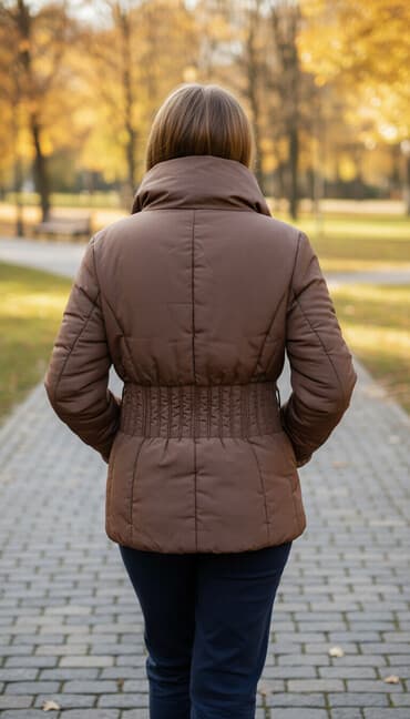 женская косуха из кожзама: Qadın qış gödəkçəsi - Rəng: qəhvəyi - Model: beldən yığmalı, qısa — 1