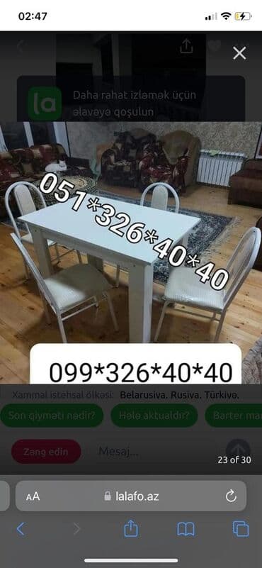 Masa və oturacaq dəstləri: Mətbəx üçün, Yeni, Açılmayan, Dördbucaq masa, 4 stul — 23