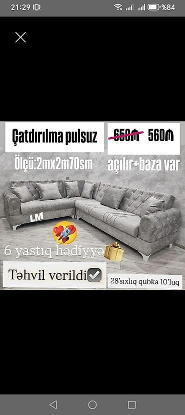 2 divan: Künc divan dəsti – açılır mexanizmli və bazalı. - Ölçü: 2 m x 2 m 70 — 1