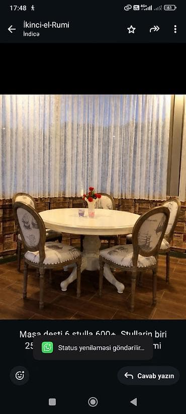 Masa desti 6 stulla 600₼ .Stullarin biri 250₼ alinib .Unvan Buzovna lalafo.az -da Masa desti 6 stulla 600₼ .Stullarin biri 250₼ alinib .Unvan Buzovna