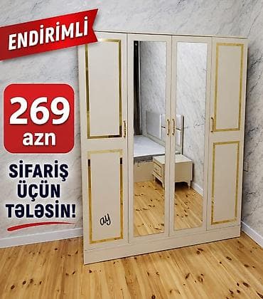 Endirimli 4 qapılı şkaf – 269 AZN - Rəng: krem tonlarında, qızılı