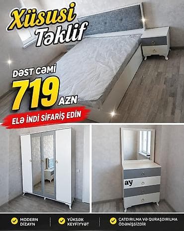 Yataq otağı mebel dəsti Tərkib: - Yataq çərçivəsi (yumşaq başlıqla) -