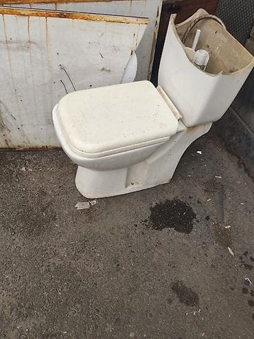 Ağ rəngli keramika tualet, oturacağı və ayrı su çəni ilə təchiz