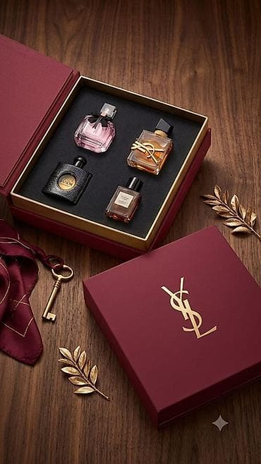 ysl canta: YSL hədiyyə dəsti – lüks qutu dizaynı (bordo rəng, qızılı loqo) və — 1