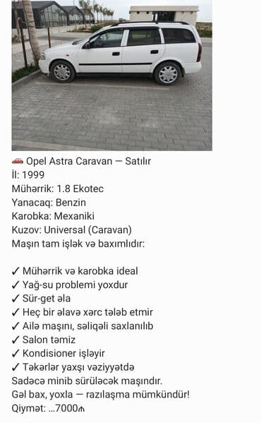 Opel Astra: 1.8 l | 1999 il Universal lalafo.az -da Opel Astra: 1.8 l | 1999 il Universal