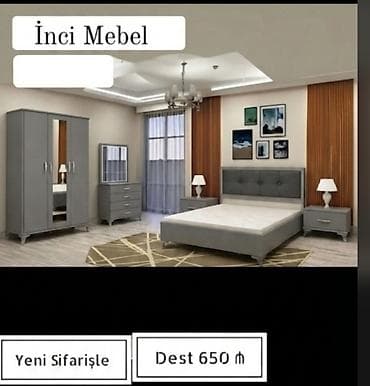 İNCİ MEBEL – YATAQ OTAĞI DƏSTİ - Rəng: boz - Dizayn: müasir, zərif — 1