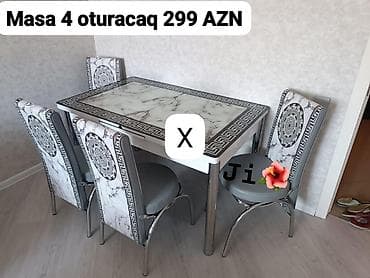 Mebel: Mətbəx/dinləmə dəsti: - 1 ədəd masa və 4 ədəd oturacaq - Üstü mərmər — 1