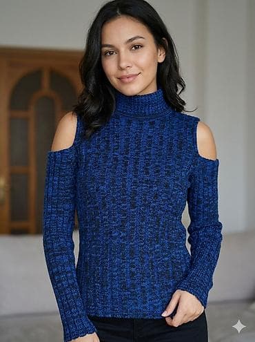 Qadın sviteri – çiyinləri açıq dizayn - Rəng: lacivərt-mavi qarışıq