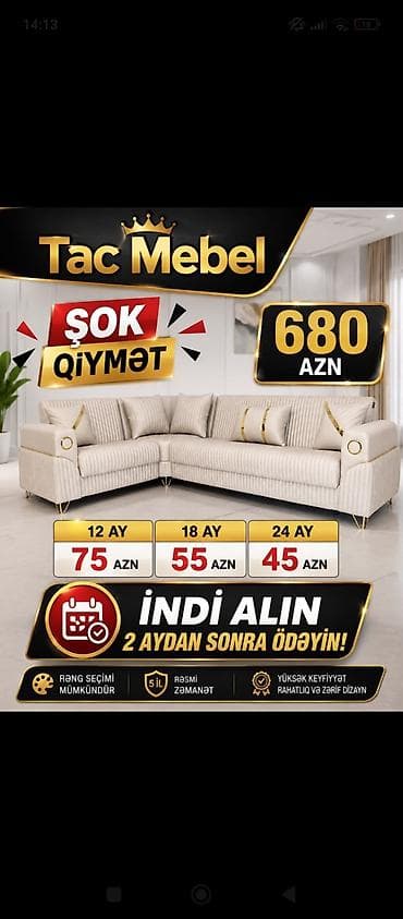 stul kreslo: Tac Mebel künc divan dəsti - Şok qiymət: 680 AZN - Ödəniş planları — 1