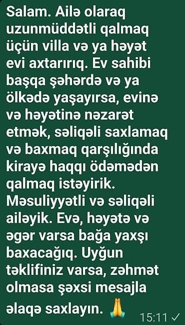 Salam. Ailə olaraq uzunmüddətli qalmaq üçün villa və ya həyət evi lalafo.az -da Salam. Ailə olaraq uzunmüddətli qalmaq üçün villa və ya həyət evi