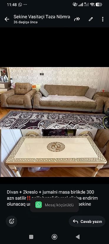 Divan + 2kreslo + jurnalni masa birlikde 300 azn satilir‼️acilir