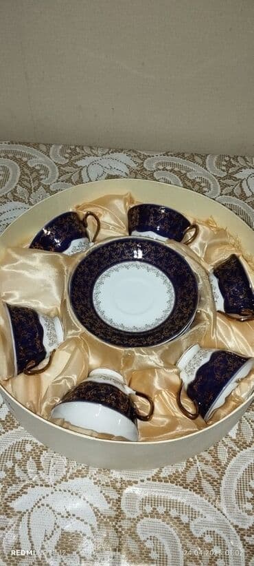 Çay dəsti, rəng - Göy, Farfor, 6 nəfərlik