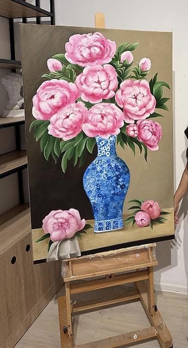 velosipet sekilleri: Rəsm əsəri: “Pionlar mavi vazada” -Ölçü: 120x80 - Texnika: kətan — 2