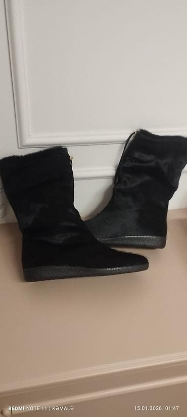 qadın çəkmələri: Qadın qış çəkməsi – qara rəng - Material: tüklü (saçaqlı effektli) üst — 7