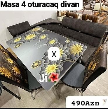 plastik stullar: Mətbəx/dinəetmə dəsti: şüşəüstü dekorlu masa + 4 oturacaqlı divan və 2 — 1
