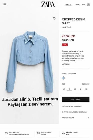 Личные вещи: ZARA Cropped Denim Köynək – Light Blue. Tiktpk @brandsecondhand_baku — 3