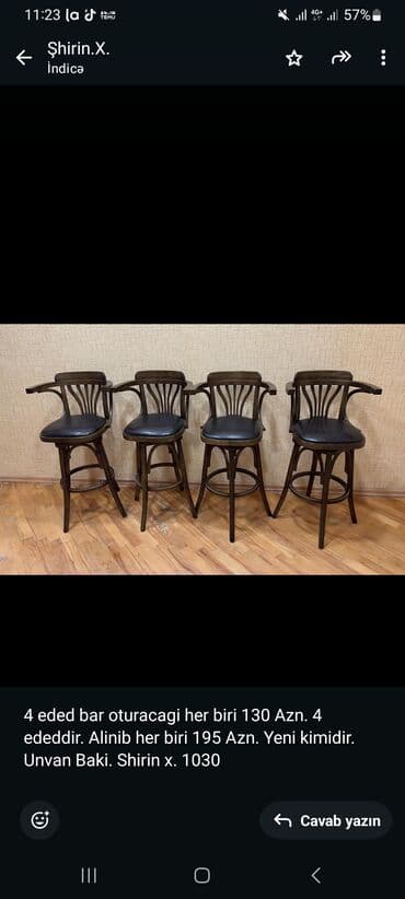 табуретка: Qəhvəyi rəngdə, dəri oturacaqlı, dörd ədəd bar stulu. Stulların hər — 1