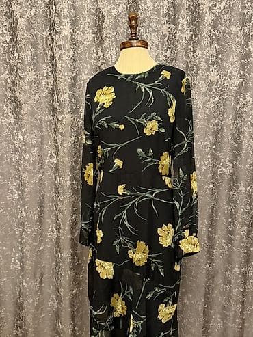 Qara fon üzərində sarı çiçək naxışlı uzun don 42 OLCU WAREHOUSE — 2