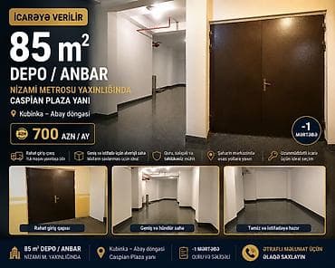 icare obyek: İcarəyə verilir: 85 m² depo/anbar Yer: - Nizami metrosu yaxınlığı - — 1