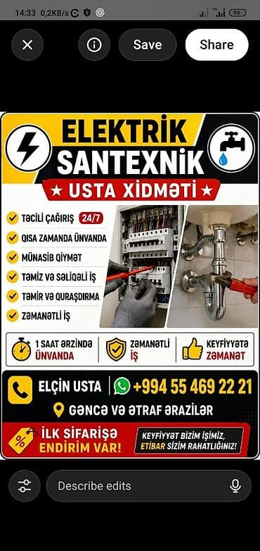 Услуги: Elektrik və santexnik üzrə usta xidməti Xidmətlər: - Elektrik və — 1