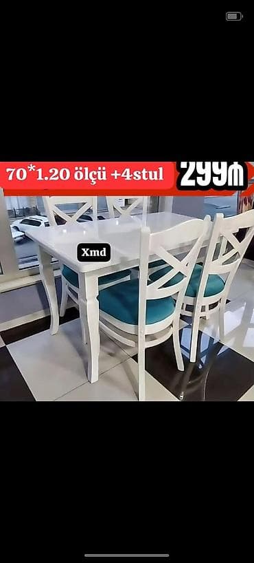 balkon stul: Ağ rəngdə yemək masası dəsti - Ölçü: 70 x 120 sm (70*1.20 ölçü) - — 1