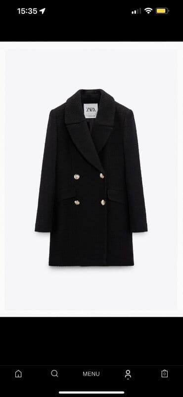 Zara palto. Qara reng. Qisa modeldir. 38 olcu. Cox az geyinilib