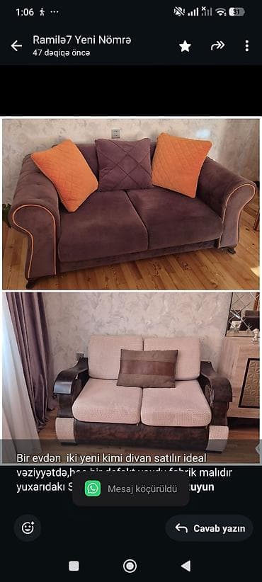 Bir evdən iki yeni kimi divan satılır ideal vəziyyətdə,heç bir defekt