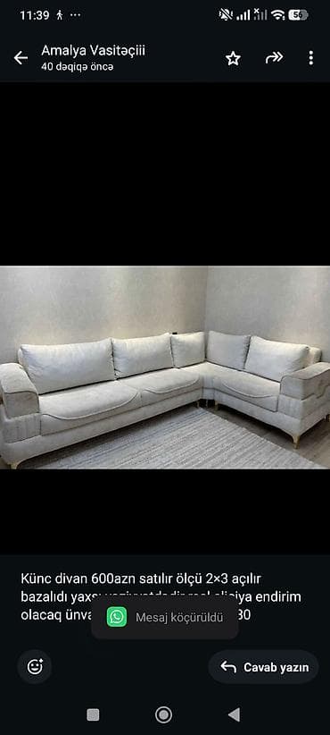 Künc divan 600azn satılır ölçü 2×3 açılır bazalıdı yaxşı vəziyyətdədir — 1