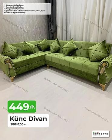 oturaca: Künc Divan – 280×200 sm - Mexanizm: açılan, bazalı (yataq funksiyalı — 1
