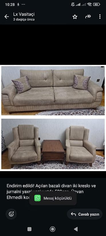 Endirim edildi! Açılan bazali divan iki kreslo ve jurnalni yaxsi