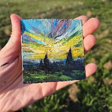 Velosiped ehtiyyat hissələri: Mini yağlı boya tablo – “Gün batımı mənzərəsi” - Texnika: Palitra — 2