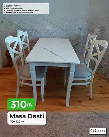 kohnə stul: Masa Dəsti – 70×120 sm - Qiymət: 310 ₼ - Dəst tərkibi: 1 masa + 4 — 1