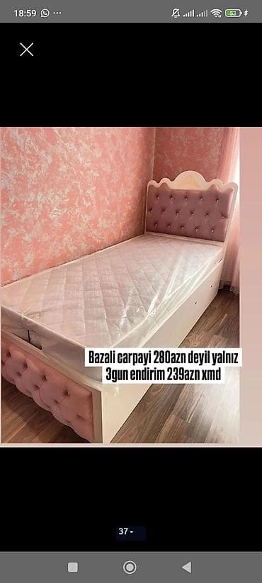 islenmis matras: Bazalı tək çarpayı – yumşaq kapitone başlıq, pastel çəhrayı tonlarda — 1