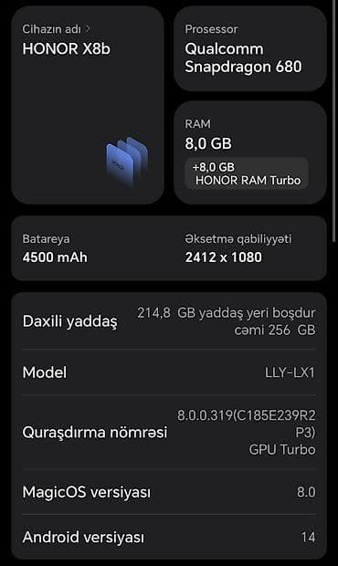 telefon 500: Honor X8b, 256 GB, rəng - Qara, Barmaq izi — 4
