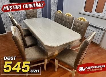 taxta komod: Yemək otağı dəsti – 1 masa + 6 stul - Klassik üslubda, dekorativ oyma — 1