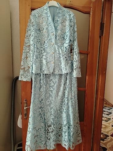 xari bulbul yaxa sancagi: Mavi krujeva qadın dəsti – pencək + ətək - Rəng: açıq mavi (pastel) - — 2