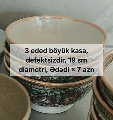 Qab-qacaq və mətbəx ləvazimatları: Keramika kasa dəsti - 3 ədəd böyük kasa: 18 sm diametr, naxışlı — 1