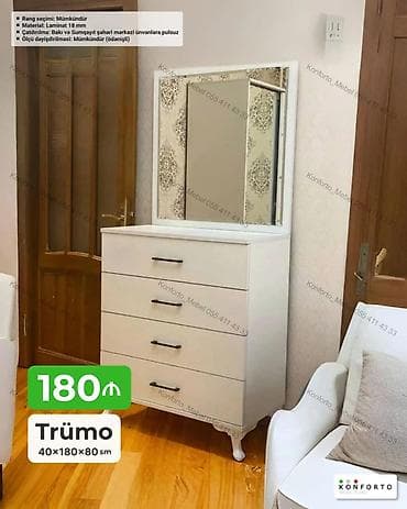 guzgu termo: Trümo – 40×180×80 sm Ağ rəngdə, güzgülü trümo/komod. Üst hissədə — 1