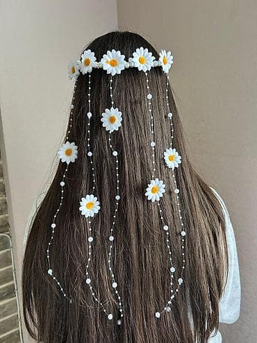el fecr saat: Papatya motivli saç tacı və asma bəzək - Dizayn: Ağ və sarı mərkəzli — 1