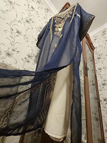 uzun kofta: Qadın üçün milli üslubda uzun don - Rəng: tünd göy (şəffaf şifon üst — 3