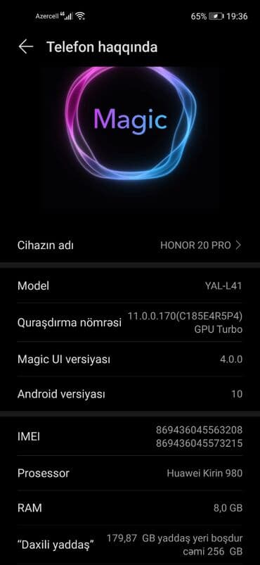 samsung a50 qiymeti irsad: Honor 20 Pro, 256 GB, rəng - Bənövşəyi, Face ID — 2