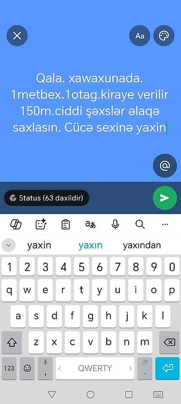 sahibinden.com ev: Qala, Xavaxuna tərəfdə kirayə mənzil. - 1 otaq, 1 mətbəx - Cücə sexinə — 1