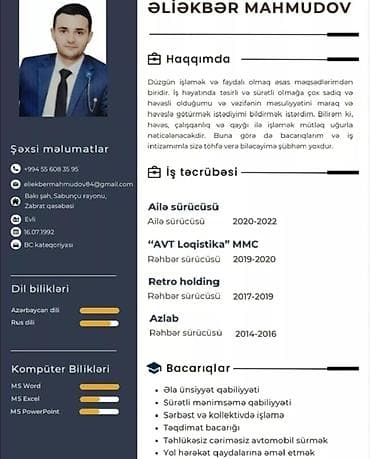 evde derzi isi: Şəxsi sürücü, 34 yaş, stajı 7 il, Nəqliyyat təmin edilir — 1