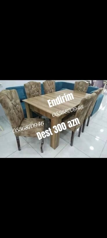 stol desdi: Qonaq otağı üçün, Yeni, Açılmayan, Dördbucaq masa, 6 stul — 3