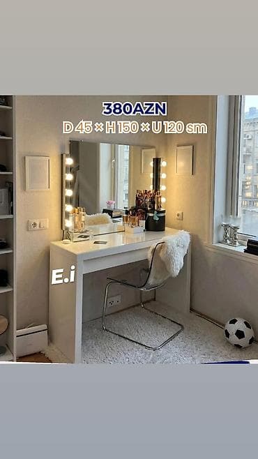 masa makeup: Vizaj masası və güzgü seti - Ölçülər: Dərinlik 45 sm × Hündürlük 150 — 1