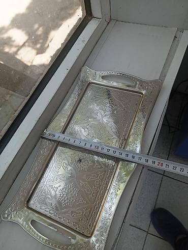 Metall tepsi – dekorativ naxışlı, düzbucaqlı formalı, iki tərəfdən — 5