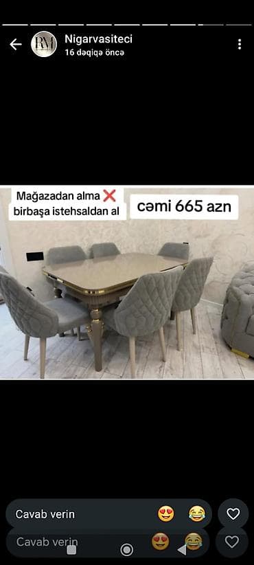 Yemək otağı üçün dəst – 1 masa + 6 stul - Dördkünc masa: parlaq səth — 1