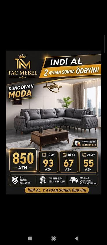 Künc divan – Moda model - Tac Mebel istehsalı - Rəng seçimi mümkündür