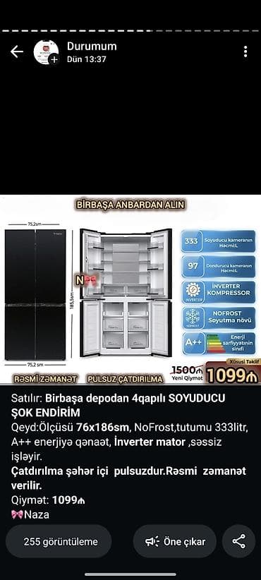 yupiter 333: 4 qapılı soyuducu - Ölçü: 76 x 186 sm (eni 75,25 sm, hündürlük 185,5 — 1